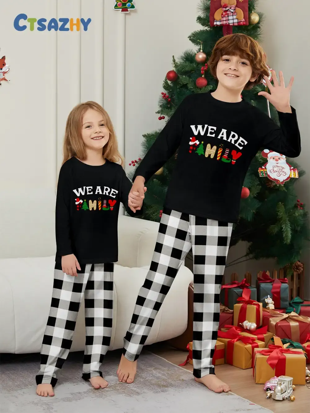 “We Are Family” Long Sleeve Monogrammed Plaid Parent-Child Pajamas