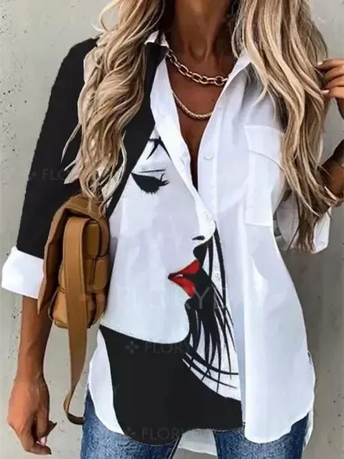 Women Long Sleeve Stand-up Collar Printed Graphic Top