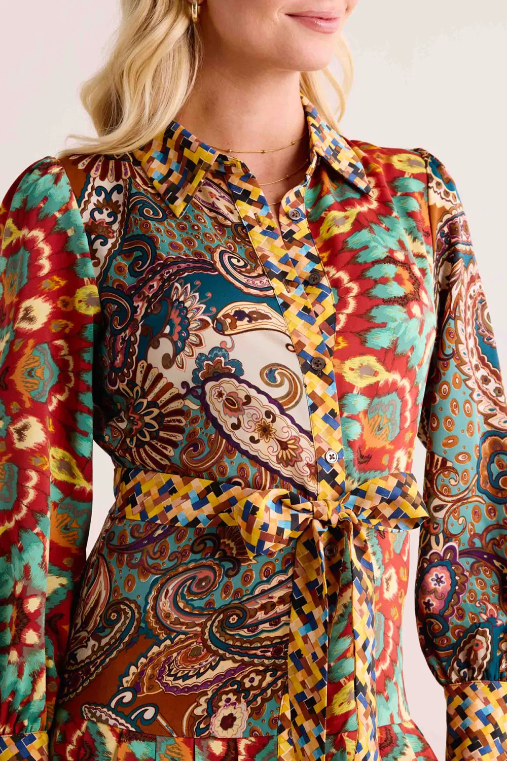 Multicolored Print Long Sleeve Flared Maxi Dress