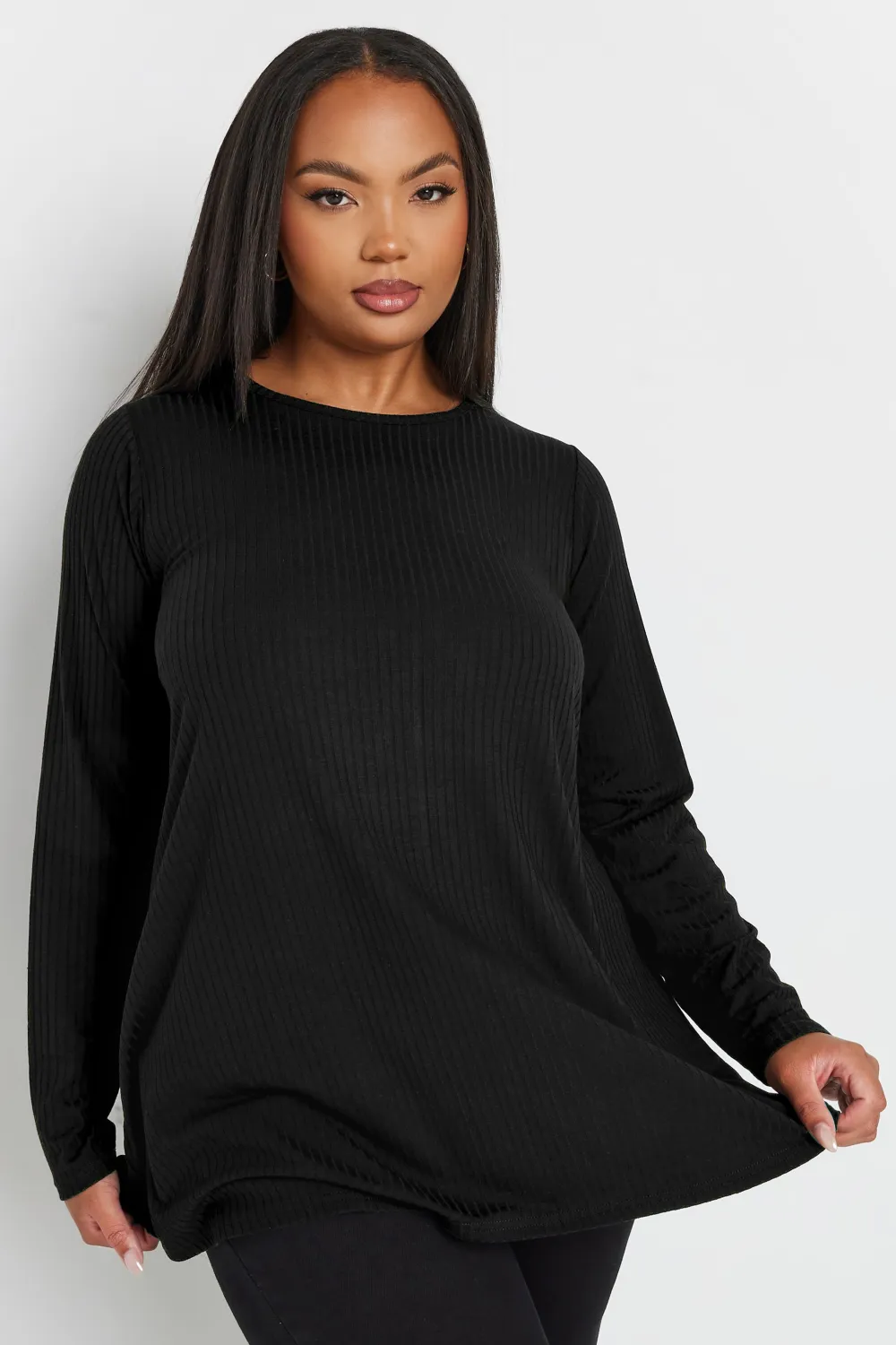 YOURS Curve Black Long Sleeve Ribbed Swing Top