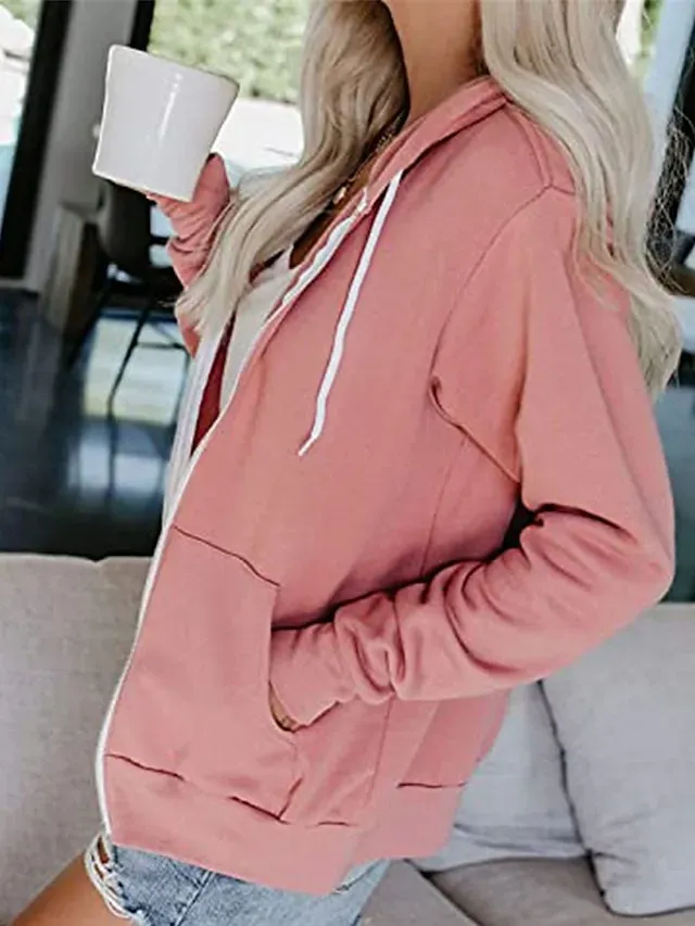 Women's Hoodied Jacket Casual Jacket Fall Spring Outdoor Zipper Plain Breathable Streetwear Regular Fit Outerwear Long Sleeve Summer Black S