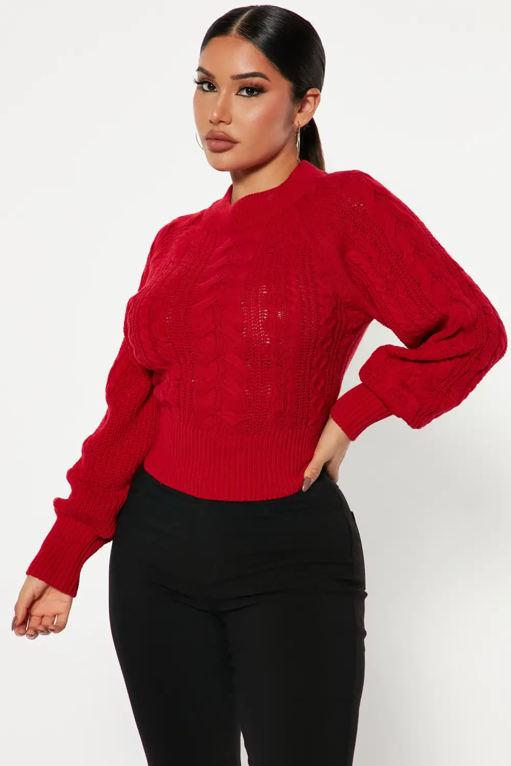 Melissa Cable Knit Cropped Sweater - Red