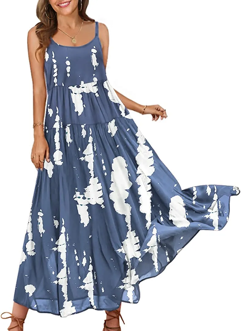 Summer Dresses for Women Casual Loose Bohemian Floral Dress with Pockets Spaghetti Strap Maxi Dress E75