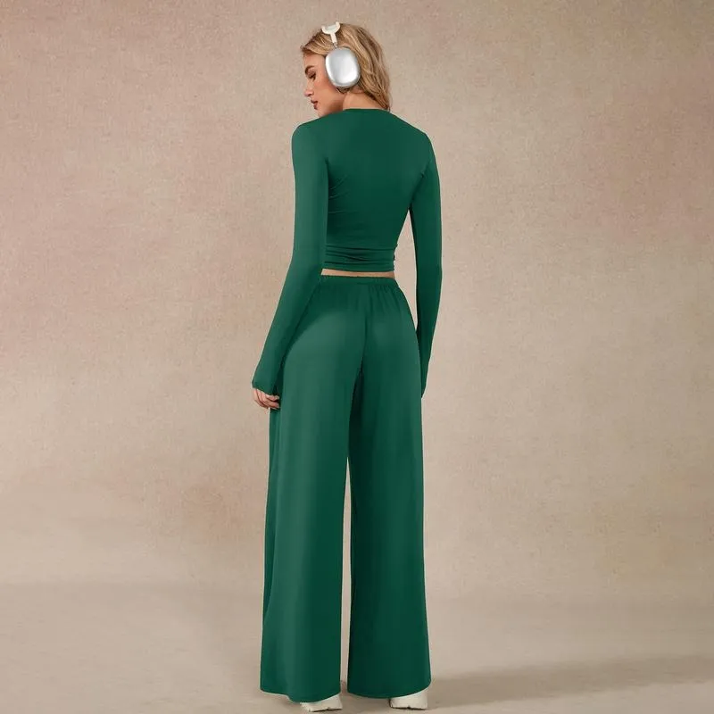 Women's two-piece tracksuit set, long-sleeved crop top and wide-leg pants