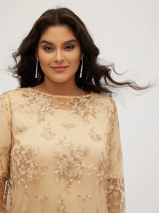 Women‘s Plus Size Party Dress Lace Dress Semi Formal Dress Midi Dress Navy Blue Blue Gold 3/4 Length Sleeve Floral Lace Summer Spring Fall Crew Neck Elegant Party Wedding Guest Dress