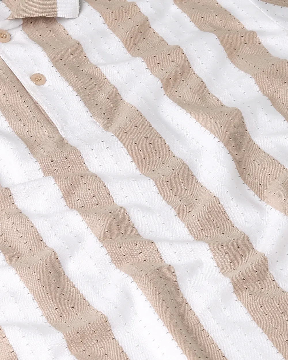 Daily Simple And Slimming Beige Striped Textured Polo Shirt