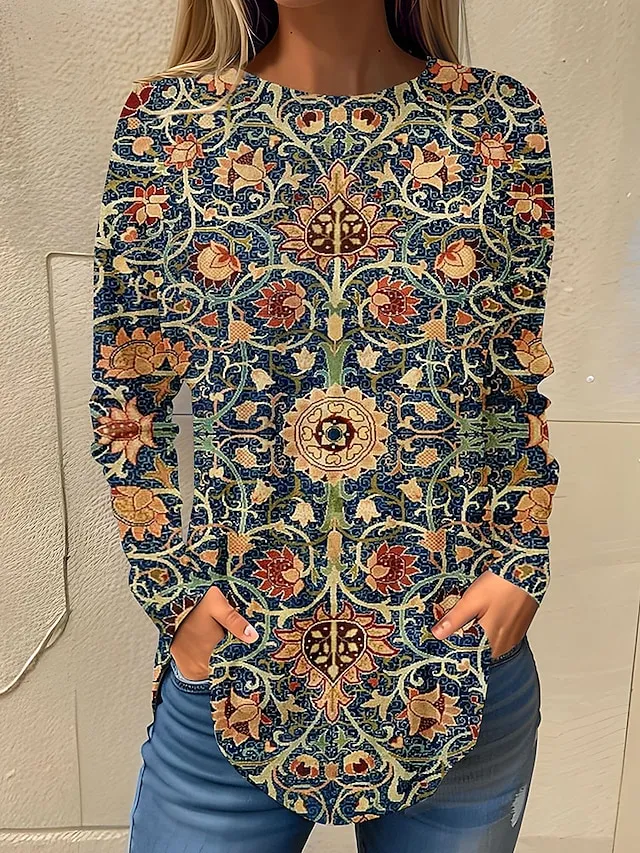 Women's T shirt Tee White Pink Red Floral Print Long Sleeve Holiday Weekend Basic Round Neck Regular Fit Floral Painting Fall & Winter