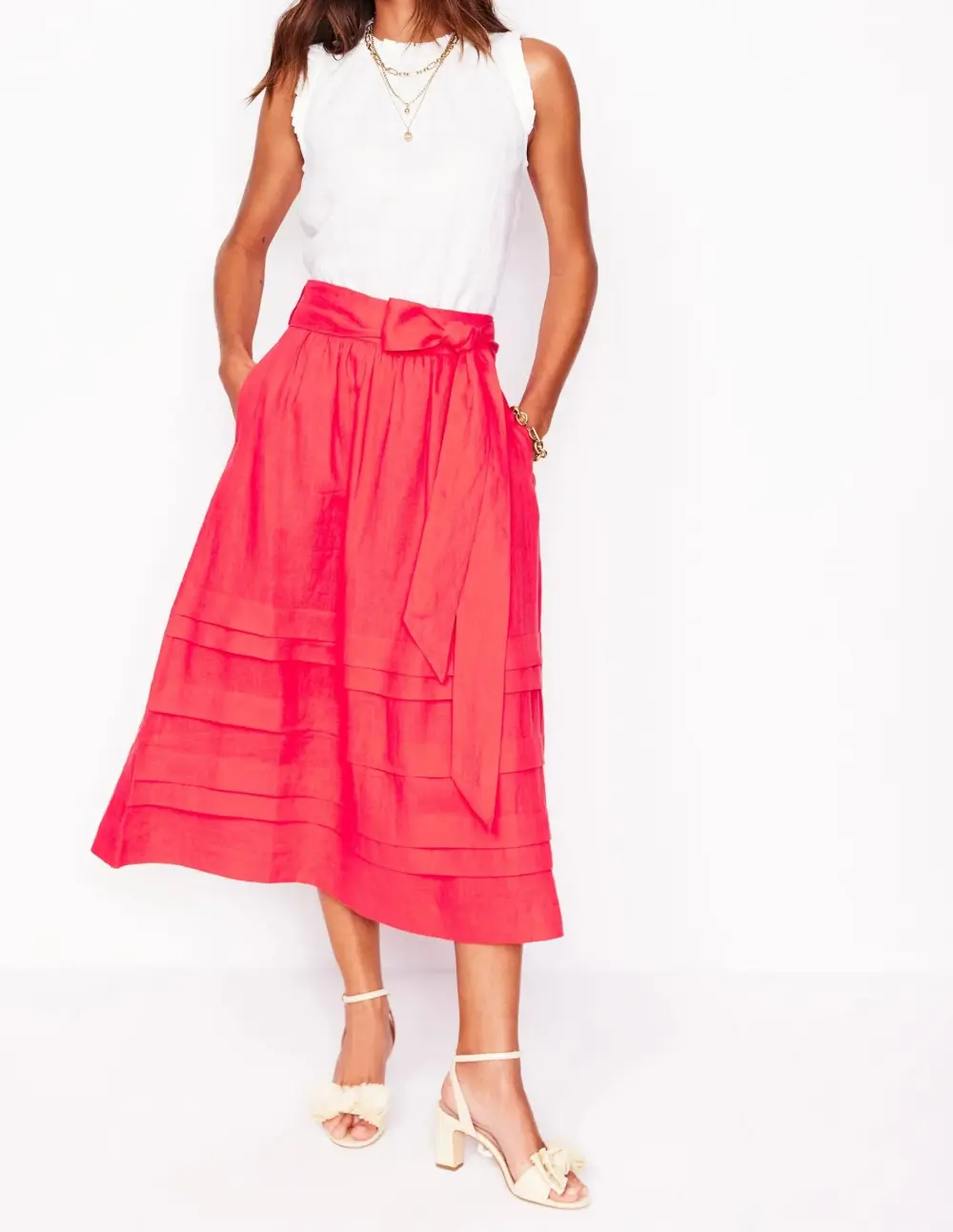 Strawberry Tart Red Linen Midi Skirt