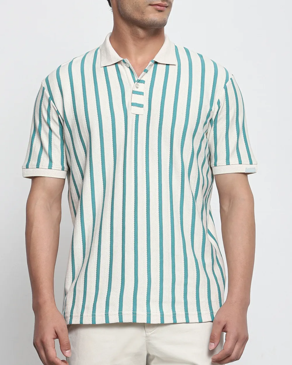 Daily Simple Teal Striped Textured Polo Shirt