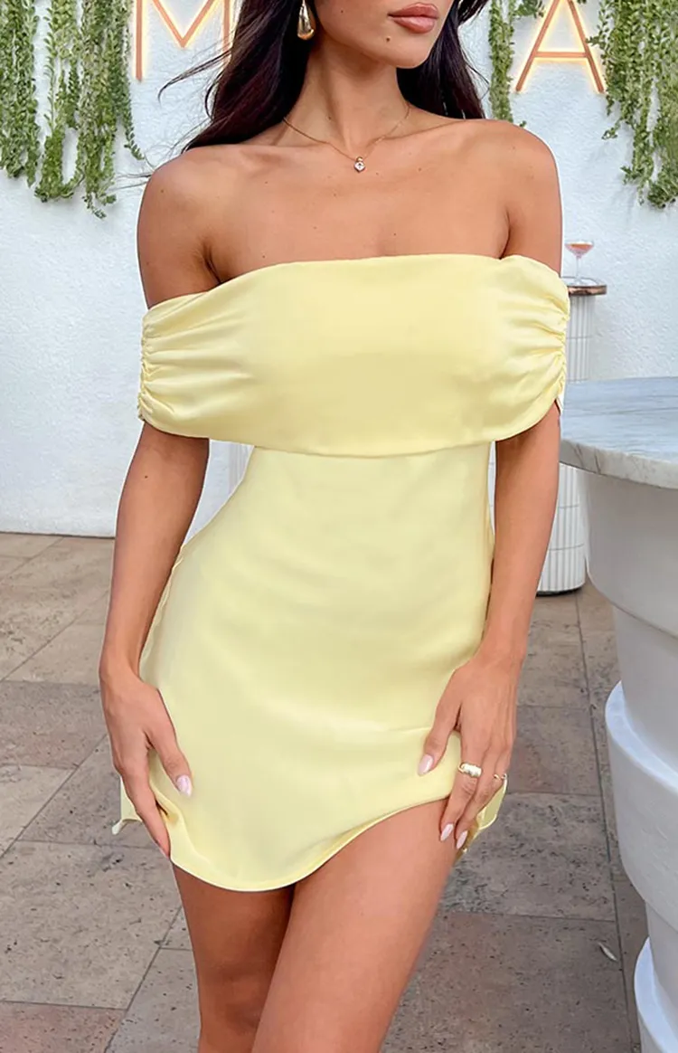 Off Shoulder Satin Yellow Mini Dress