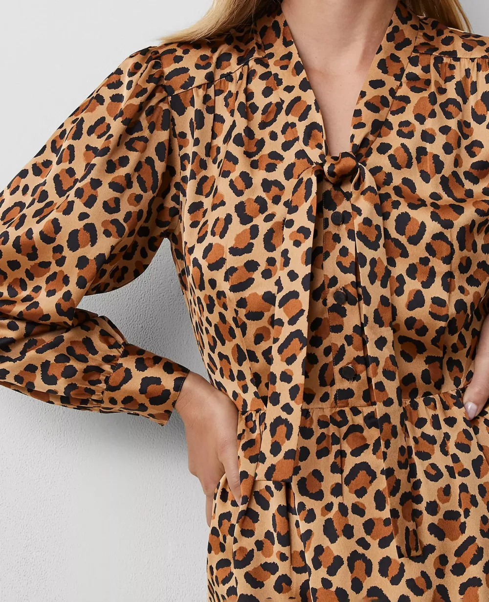 Animal Print Tie Neck Midi Dress