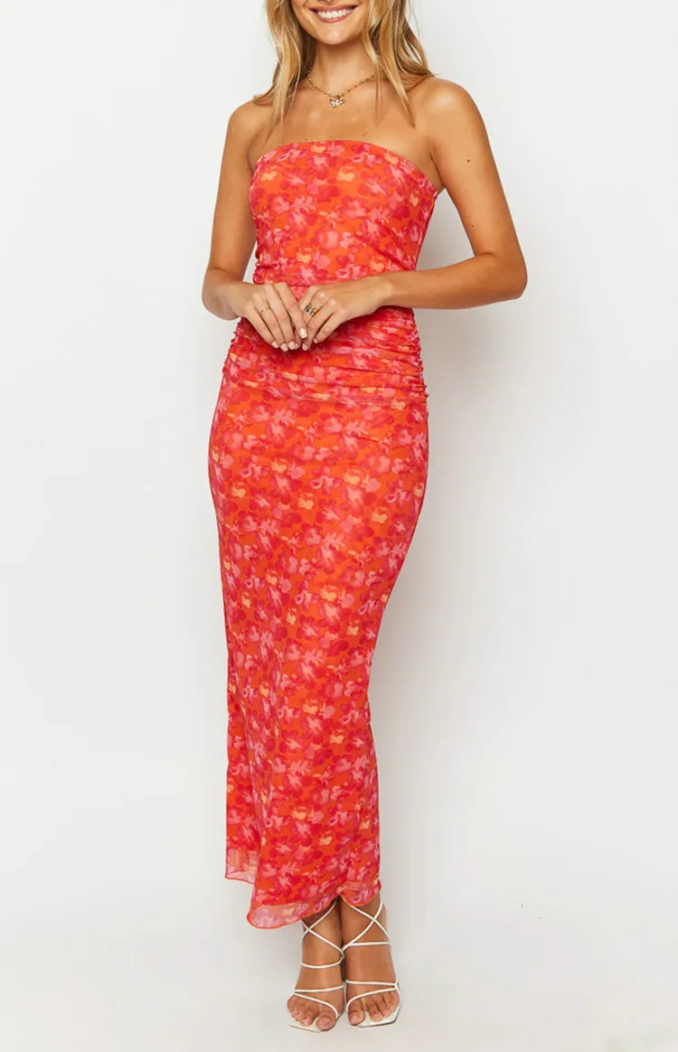 Orange Floral Ruched Strapless Dress
