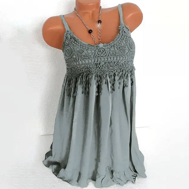 Women's Plus Size Tank Top Camisole Summer Tops Solid Color White Blue Green Lace Ruffle Sleeveless Daily Weekend Holiday Casual Strap Regular Fit Summer Spring