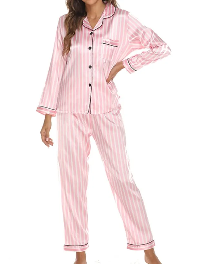 Women's Pajamas Sets Nighty Pjs 2 Pieces Heart Stripe Fashion Comfort Home Satin Lapel Long Sleeve Pant Button Fall Spring Light Pink Green / Silk / Flower / Feather