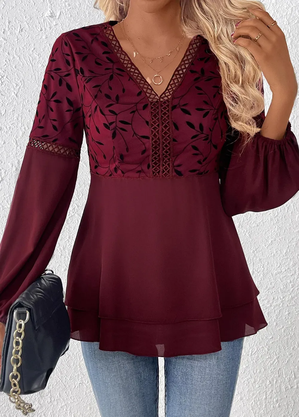 Wine Red Patchwork Leaf Print Long Sleeve Blouse
