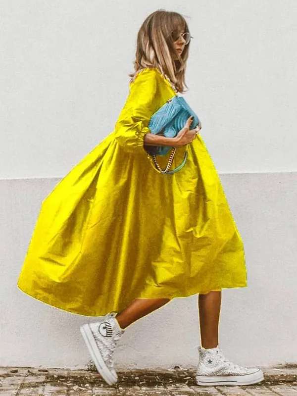 Loose High-Low Pleated Half Sleeves Round-Neck Midi Dress