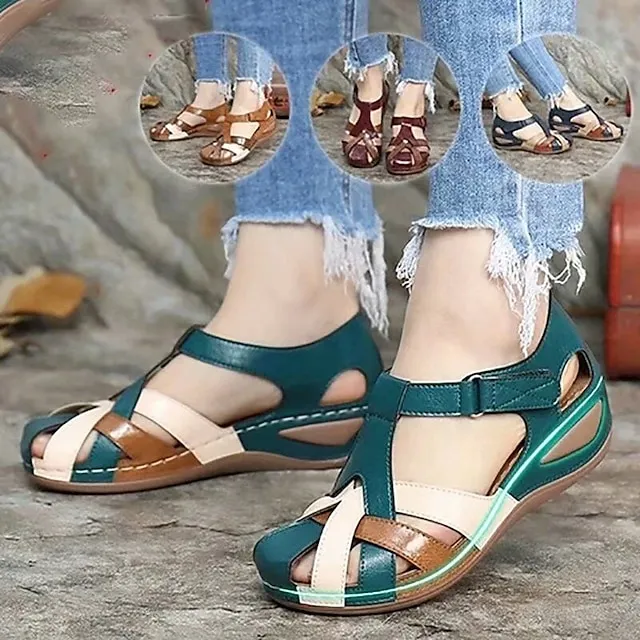 Women's Sandals Wedge Sandals Comfort Shoes Plus Size Outdoor Office Daily Summer Buckle Wedge Heel Round Toe Closed Toe Classic Casual Walking Shoes PU Leather Faux Leather Magic Tape Color Block