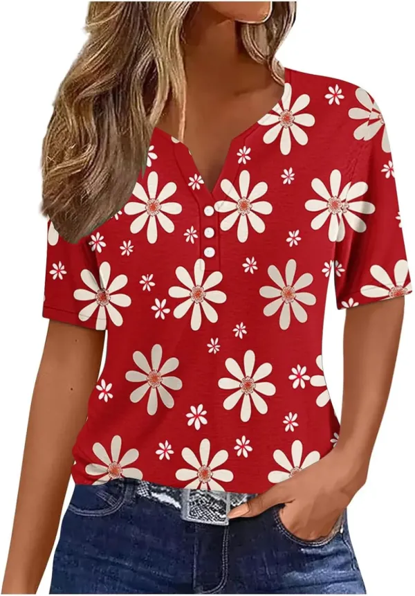 Shirts for Women Casual Printed Summer Tops Short-Sleeved Button V-Neck Tops Blouse Fashion Boho T-Shirts
