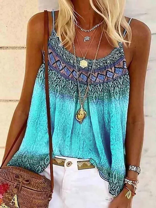 Women's Plus Size Boho Shirt Tank Top Camisole Summer Tops Geometric Sexy Holiday Beach Yellow Pink Sleeveless Boho Strap