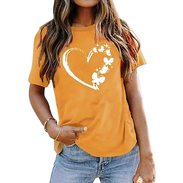 Women's T shirt Tee Cotton 100% Cotton Butterfly Heart pea green Black White Basic Print Short Sleeve Home Daily Date Basic Round Neck Regular Fit T-shirt Sleeve Summer