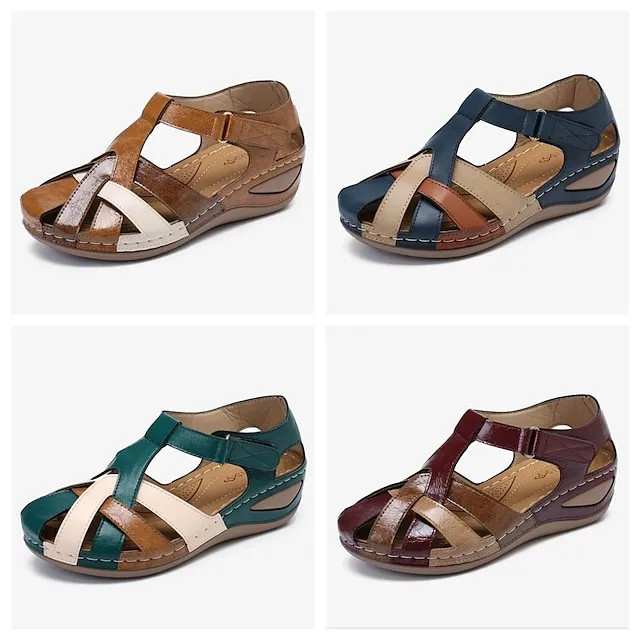 Women's Sandals Wedge Sandals Comfort Shoes Plus Size Outdoor Office Daily Summer Buckle Wedge Heel Round Toe Closed Toe Classic Casual Walking Shoes PU Leather Faux Leather Magic Tape Color Block