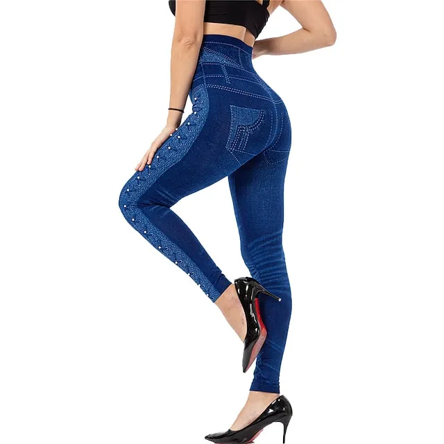 Women's Tights Leggings Jeggings Plain Tummy Control Butt Lift Ankle-Length Casual Weekend Faux Denim Fashion Skinny Black Blue High Waist High Elasticity