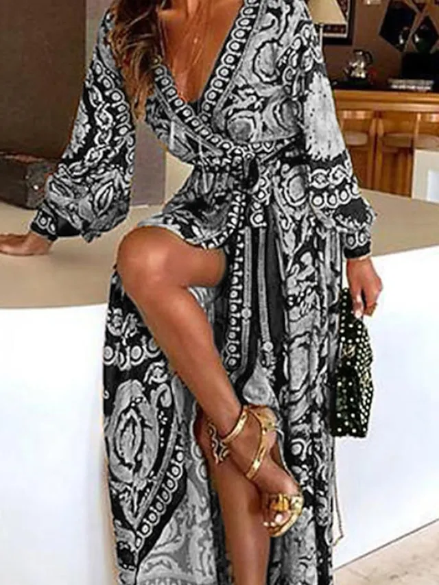 Women's Casual Dress Swing Dress Wrap Dress Long Dress Maxi Dress Blue Yellow Gray Long Sleeve Floral Lace up Winter Fall Spring V Neck Fall Dress 2022 S M L XL XXL 3XL