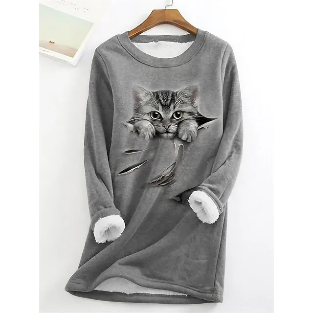 Women's Plus Size Sweatshirt Pullover Cat Teddy Sherpa Fleece Denim Blue Black White Street Casual Round Neck Long Sleeve Top Micro-elastic Fall & Winter