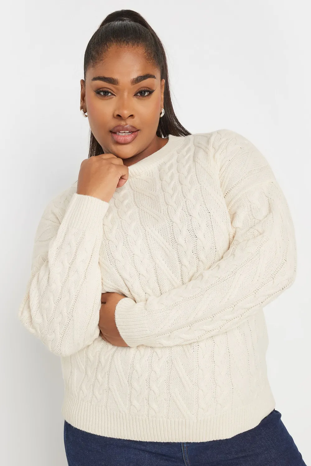 YOURS Curve White Cable Knitted Jumper