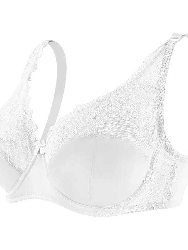 Women's Curve Plus Size Solid Color Pure Color Flower / Floral Lace Lingerie Sexy V Neck Winter Fall Sheer Bras 3/4 Cup Black Dusty Rose Red Big Size 85/38C 90/40C 95/42C 100/44C