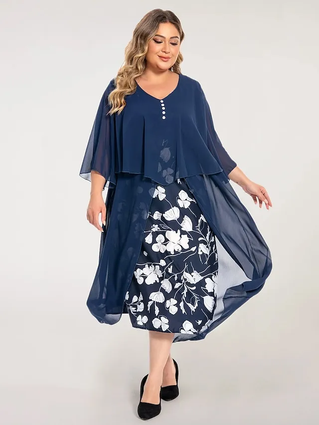 Women‘s Plus Size Curve Work Dress Floral V Neck Ruched 3/4 Length Sleeve Spring Summer Work Elegant Midi Dress  Layered Formal Vacation Dress Wedding Guest Dress