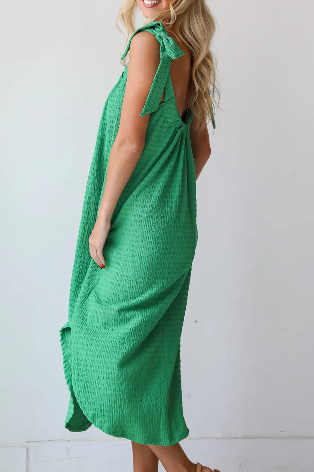 Playful Style Green Textured Midi Dress