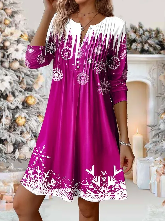 Women's Red Christmas Dress Winter Dress Snowflake Print Button Split Neck Mini Dress Fashion Basic Outdoor Christmas Long Sleeve Loose Fit Wine Navy Blue Blue Fall Winter S M L XL XXL