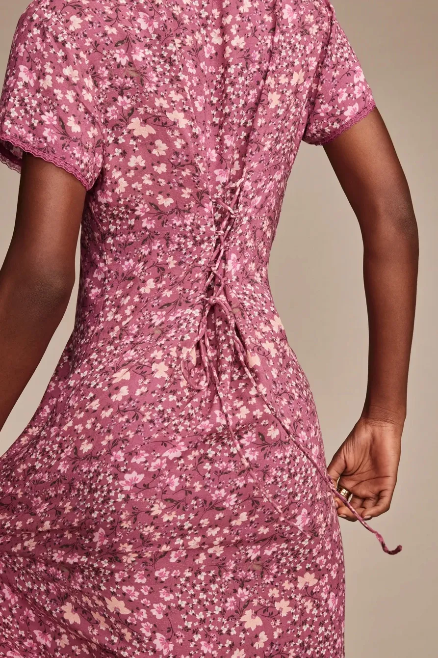 Lace Trimmed Button Front Midi Dress