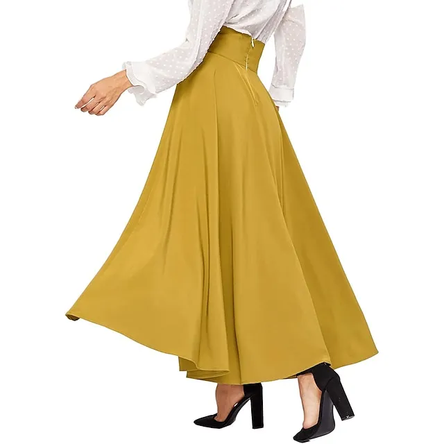 Women's Skirt Swing Work Skirts Long Skirt Maxi Cotton Blend Yellow Red Orange Skirts Autumn / Fall Streetwear Weekend S M L