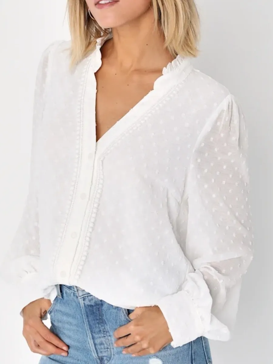 Swiss Dot V-Neck Blouse