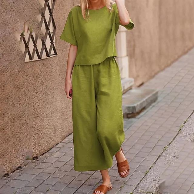 Women's Loungewear 2 Piece Linen Sets Solid  Color Crew Neck  Lounge Set Short Tops with Long Pants Spring Summer