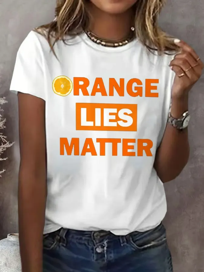 Women'S T-Shirt Vintage Orange Lie Print T-Shirt Monogram Print Round Neck Cotton Short Sleeve