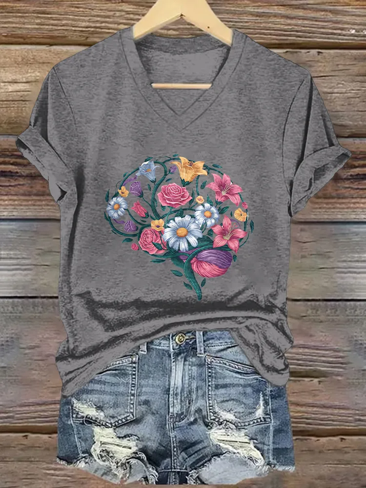 Women'S Flower-Printed Alzheimer'S Awareness V-Neck T-Shirt