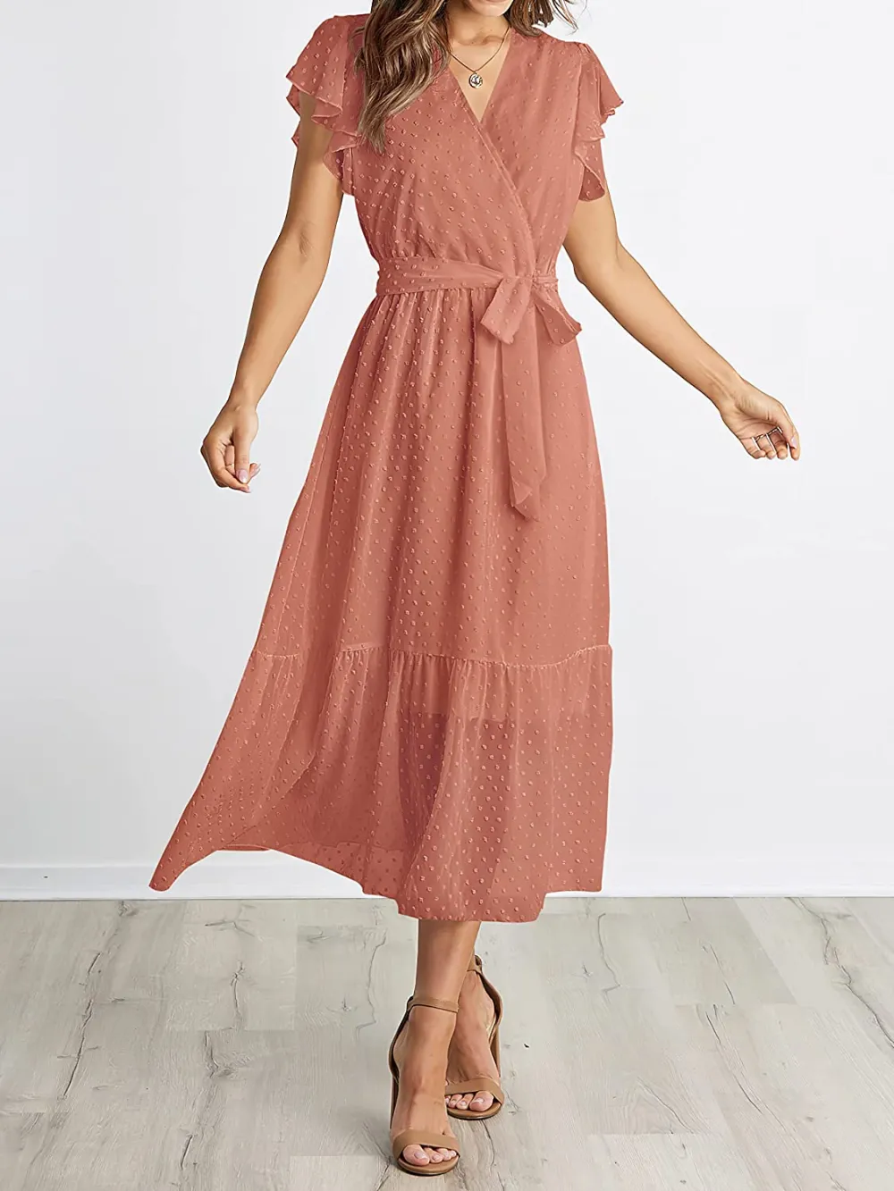Women Summer Bohemian Floral Casual Wrap V Neck Ruffle Cap Sleeveless Belt A-Line Pleated Hem Swing Midi Sun Dress
