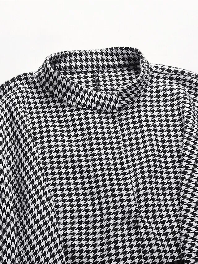 Women's Coat Cloak / Capes Winter Houndstooth Overcoat Fall Long Pea Coat with Belt Elegant Stand Collar Street Daily Wear Fashion Daily Casual Outerwear Long Sleeve Black