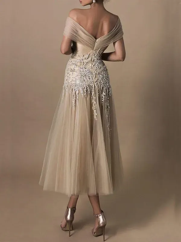 Embroidered off-the-shoulder tulle midi dress