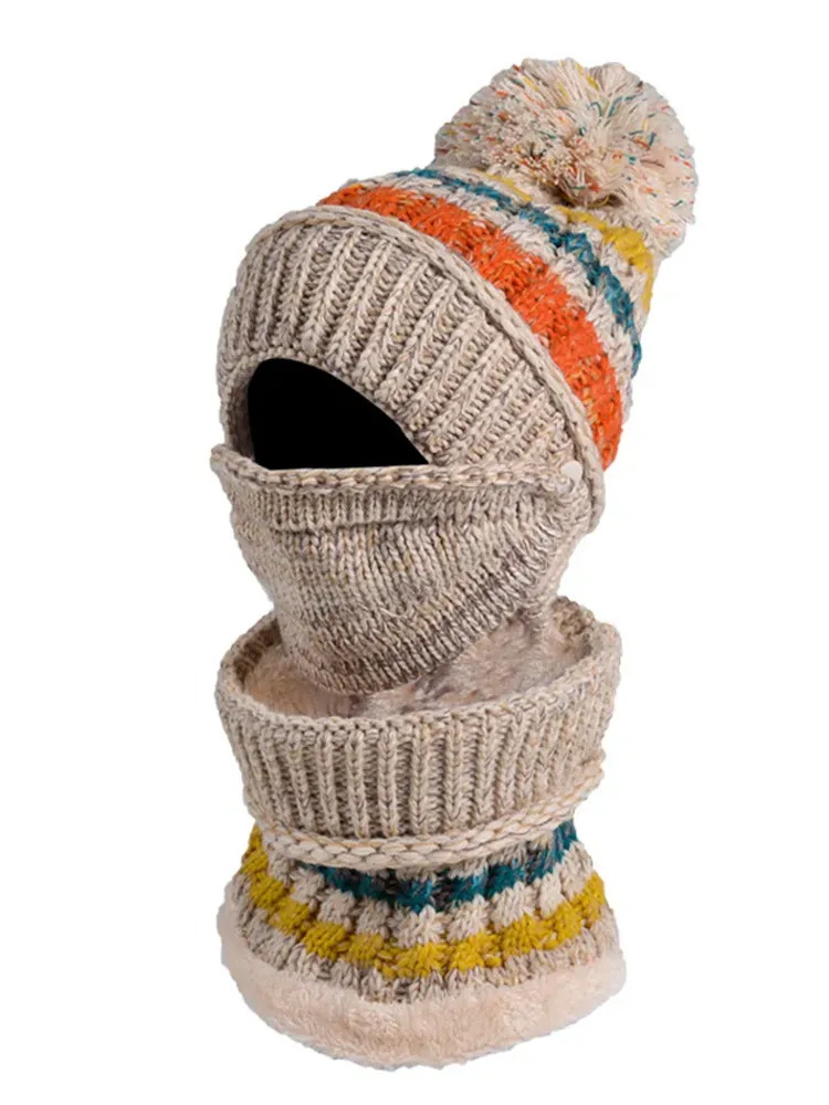 Three-Piece Fleece And Color-Block Knitted Hat, Scarf And Mask