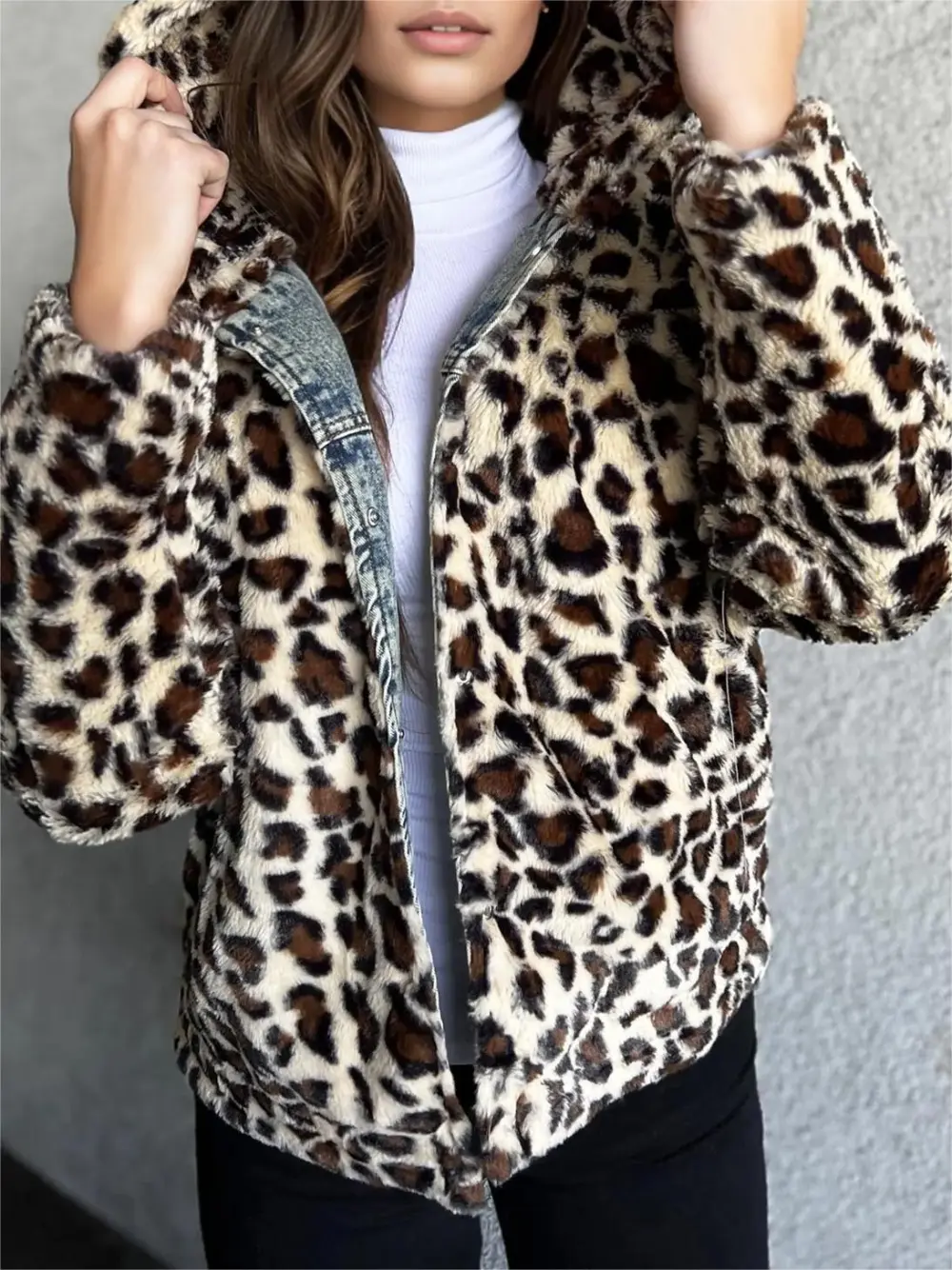 Denim Jacket with Leopard Fur Collar