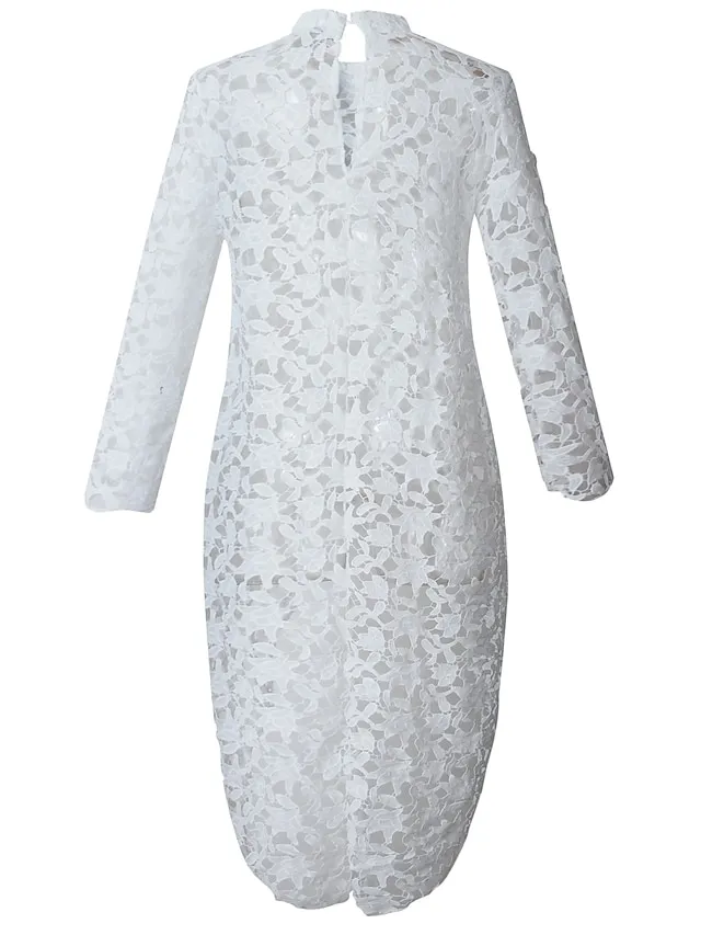 Women's Shirt Blouse Tunic Black White Yellow Plain Lace See Through Long Sleeve Casual Going out Elegant Round Neck Long Slim S