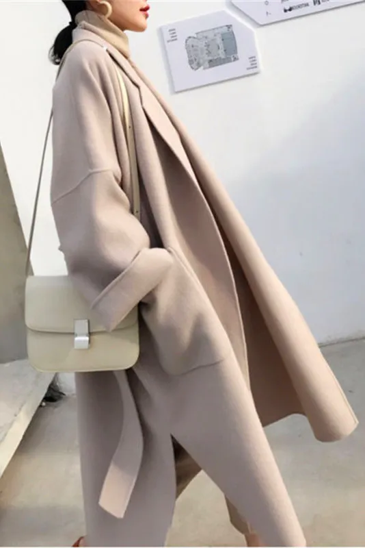 Front Pockets Lapel Faux Woolen Coat