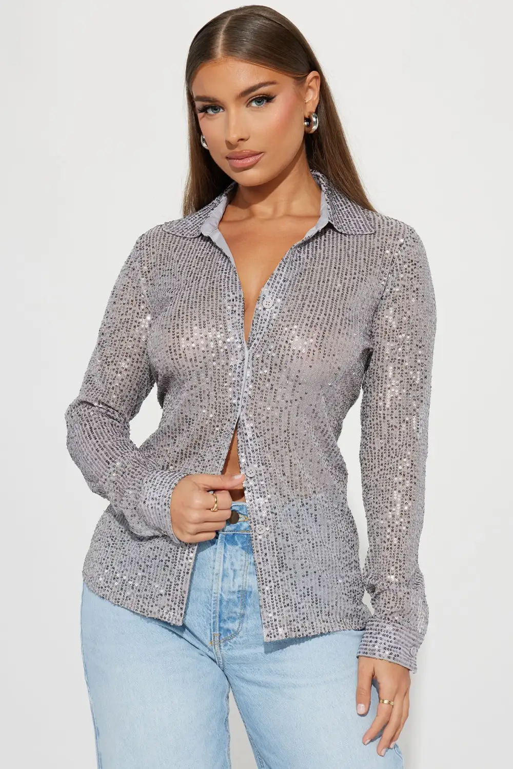 Turn Up The Lights Sequin Shirt - Silver
