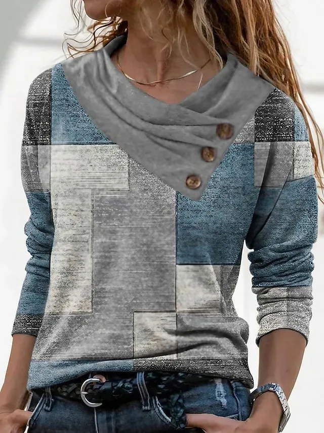Women's T shirt Tee Red Navy Blue Blue Geometric Abstract Button Print Long Sleeve Casual Weekend Daily Basic Pile Neck V Neck Regular Fit Geometric Painting Fall & Winter