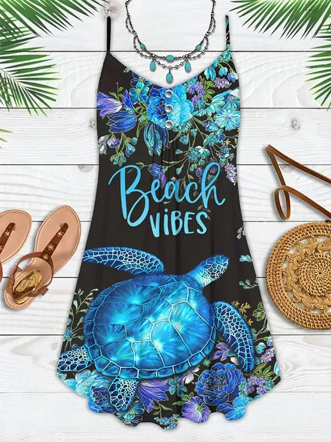 Vacation Sea Turtle Flowers Beach Vibe Print Spaghetti Strap Dress Swimsuit Coverup