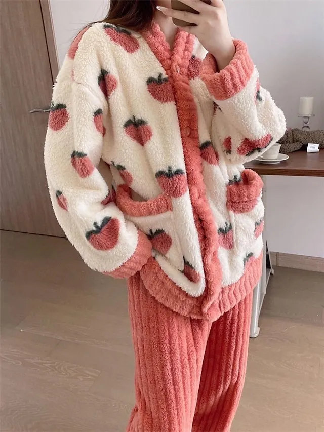 Women's Fleece Fluffy Fuzzy Warm Pajamas Sets Fruit Fashion Casual Comfort Home Daily Bed Flannel Warm V Wire Long Sleeve Cardigan Pant Button Pocket Fall Winter Pink Red